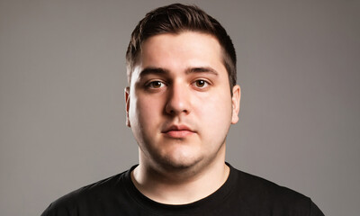 Obraz premium Young man with dark hair and a black t-shirt poses for a portrait