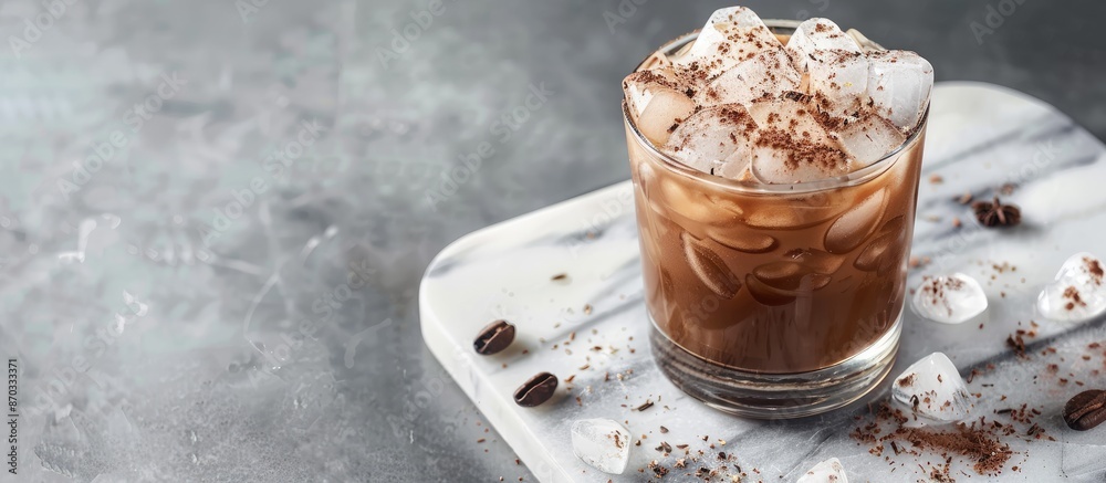 Poster Create an Iced cocoa in a clear glass set on marble with room for your text in the image. with copy space image. Place for adding text or design
