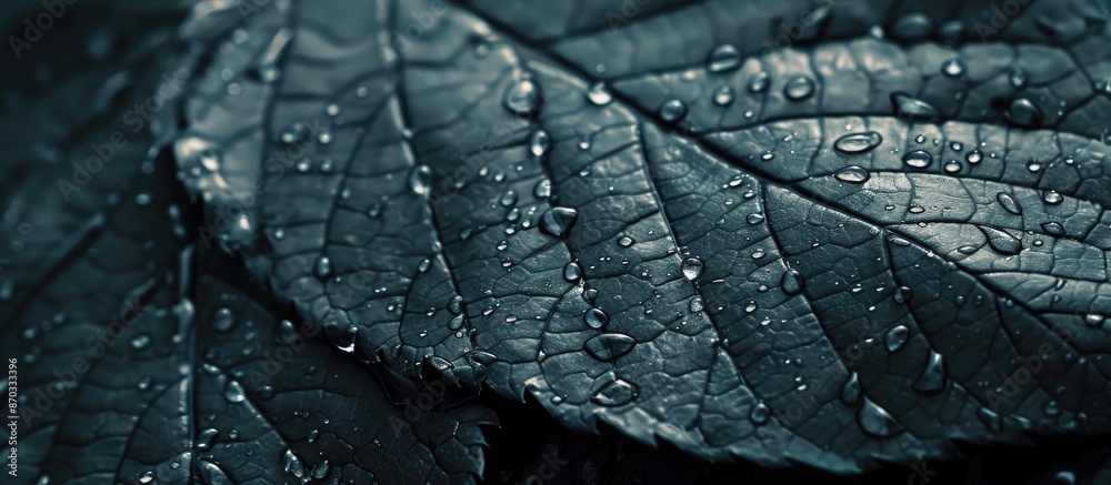 Poster monochrome-toned close-up of a leaf with water droplets, ideal for a copy space image.