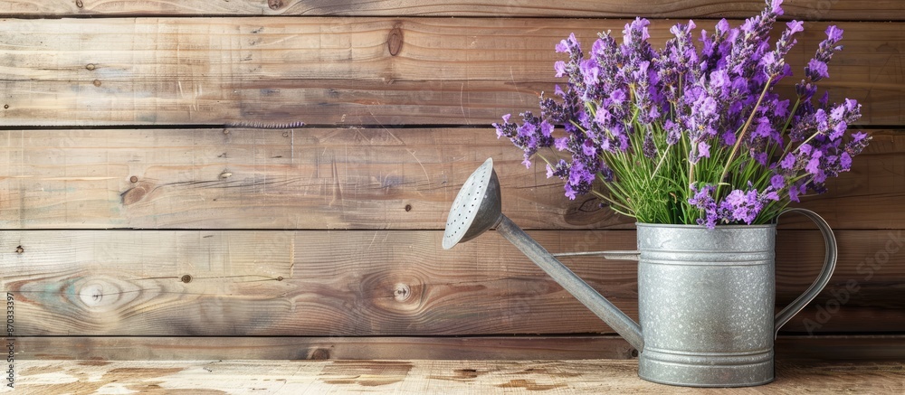 Aufkleber A watering can filled with lavender flowers displayed on a wooden surface, providing ample space for additional content in the image.
