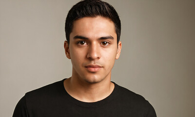 Obraz premium Young man with short dark hair wearing a black t-shirt in a studio setting