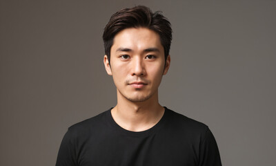 Obraz premium Young asian man wearing a black t-shirt against a grey background