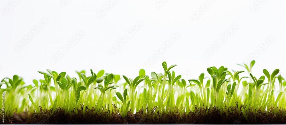 Poster close-up of micro-green sprouts on a white backdrop with ample copy space image, promoting a healthy