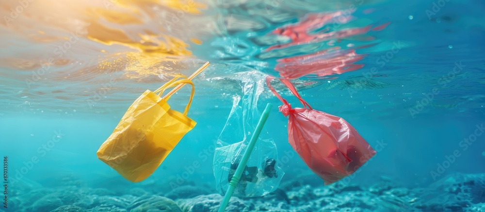 Aufkleber Plastic carrier bags and straws pollution in ocean. Copy space image. Place for adding text or design