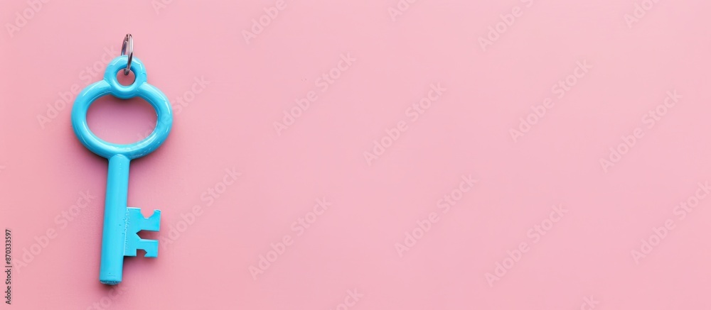 Aufkleber Key blue different on pastel pink background. Minimal style business ideas.Trendy flat lay concept. top view. Copy space image. Place for adding text or design