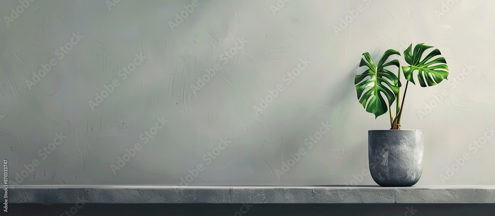 Leinwandbilder a young monstera plant in a gray pot stands on a table against a gray background. with copy space im