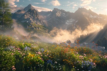 Fototapeta premium /imagine A picturesque mountain meadow in the early morning, with mist rising from the ground and the sun's rays breaking through, illuminating the wildflowers and the towering peaks beyond.