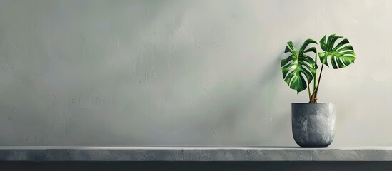 A young monstera plant in a gray pot stands on a table against a gray background. with copy space image. Place for adding text or design