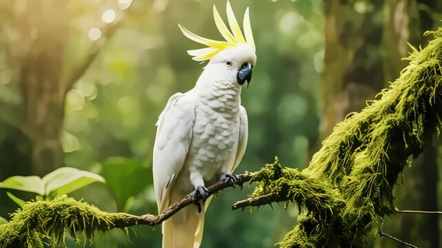 White cockatoo perches on mossy branch