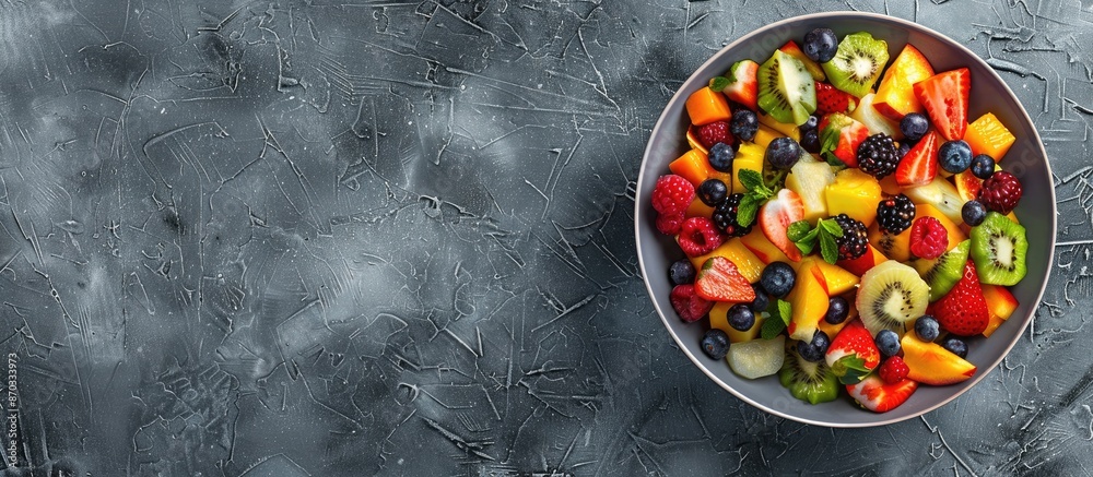 Leinwandbilder healthy fresh fruit salad in a bowl on a gray background. with copy space image. place for adding te