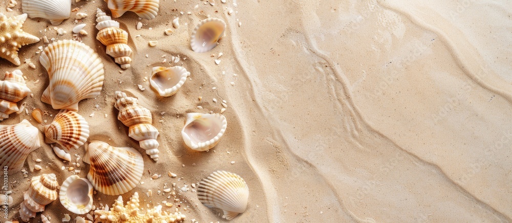 Poster Top view of seashells on sandy beach creating a textured background with space for text. Ideal for a summer vacation theme, with neutral colors and a focused composition. with copy space image