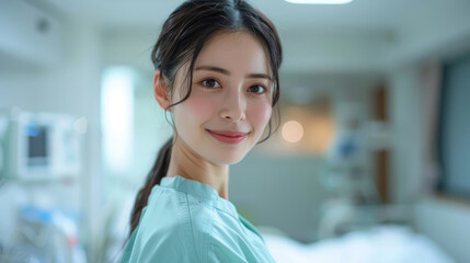 Fototapeta premium Beautiful smiling young Asian female nurse with ponytail hairstyle wearing light blue-green nurse uniform standing in front of hospital room bed background