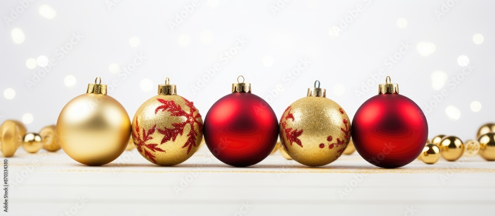Poster christmas-themed card featuring golden and red ornaments against a white backdrop, ideal for the fes