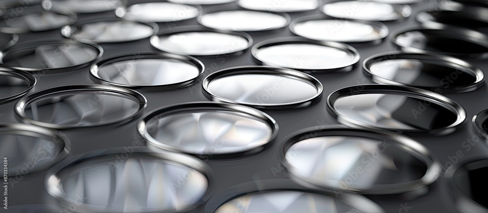 Poster Background image of grey surface with silver reflective circles. with copy space image. Place for adding text or design