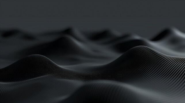 3D render of an abstract background with black waves, wavy lines, and texture for design. Black gradient on dark grey. Soft, blurred, vegetable-like hills or landscape. Vector illustration