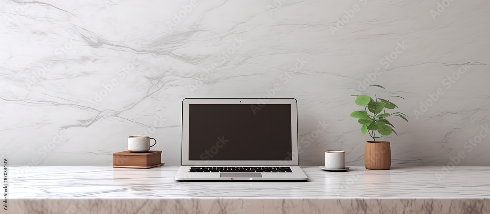 Poster workspace with laptop on marble table providing copy space image.