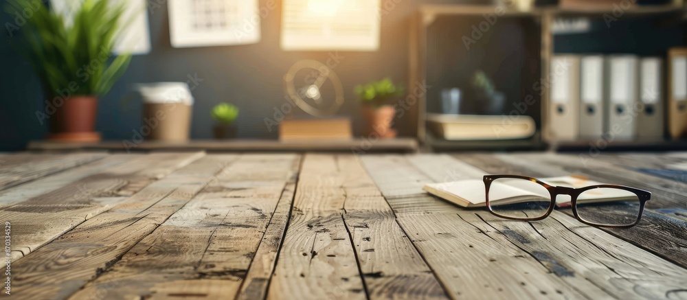 Poster vintage-style office desk on a wooden table backdrop with a copy space image.