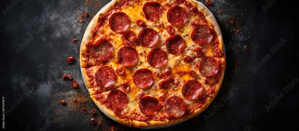 Aufkleber An aerial view of a pepperoni pizza with a missing slice, captured from above on a dark textured surface with a designated area for text in the image. with copy space image
