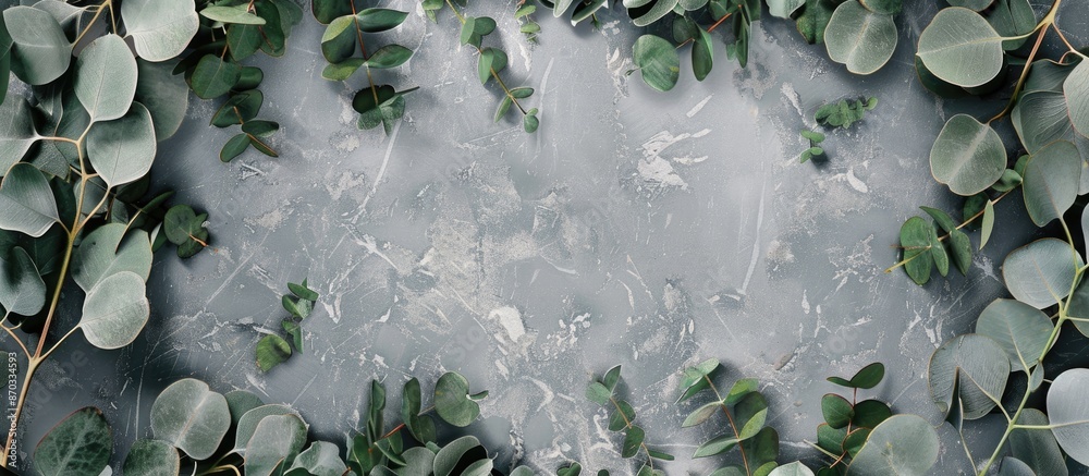 Aufkleber Flat lay composition with eucalyptus leaves on a grey marble backdrop, surrounded by a frame of eucalyptus branches. Top view perspective with ample copy space image.