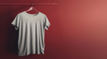 A classic women's grey T-shirt hanging on a rack with a maroon background.