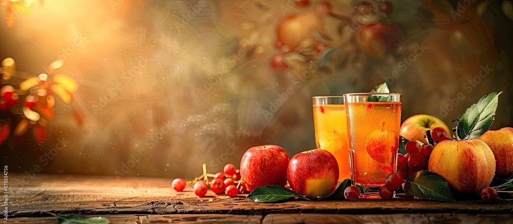 Poster Apple juice along with a variety of fruits, presented in an inviting setting with a blank space for an image. with copy space image. Place for adding text or design
