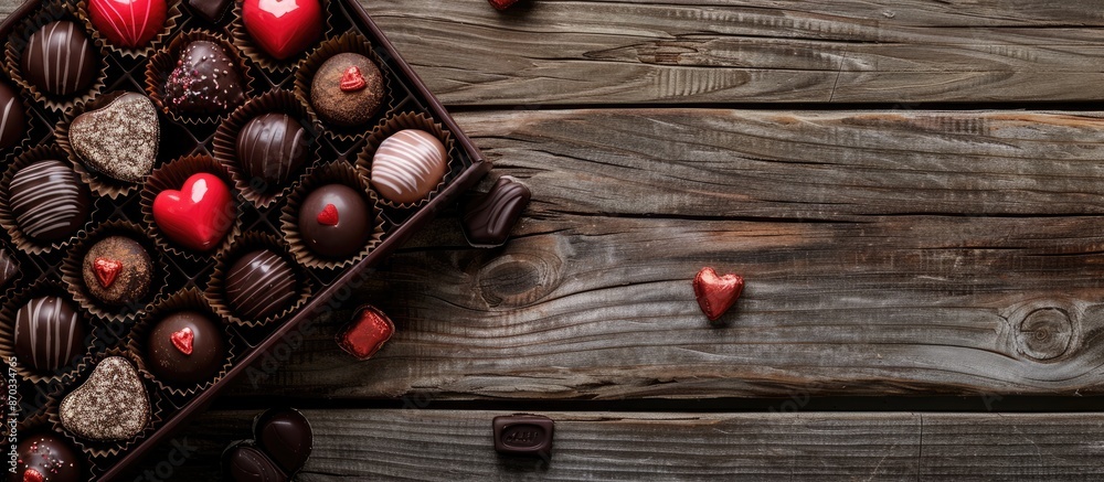Poster Valentine's Day-themed box of chocolates displayed on a wooden surface with a blank space for an image. with copy space image. Place for adding text or design