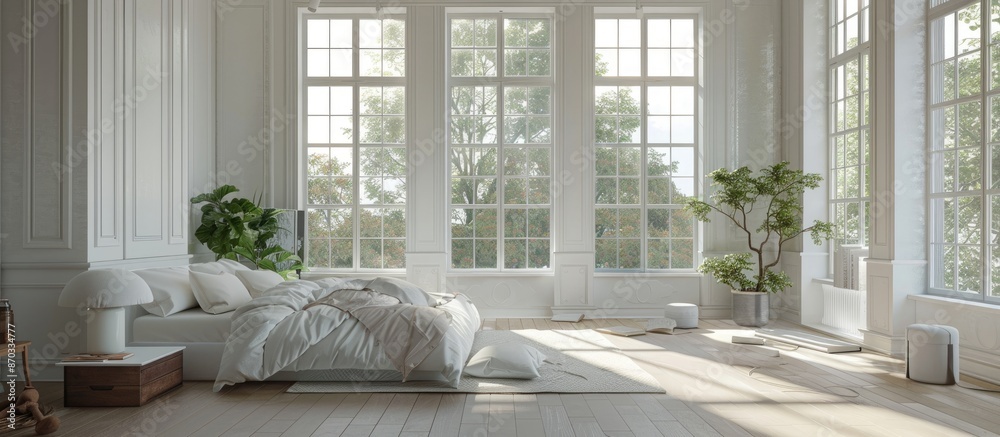 Poster White master bedroom with windows . with copy space image. Place for adding text or design