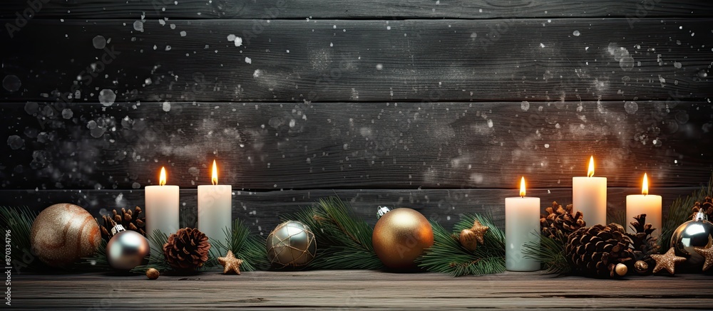 Poster image of christmas ambiance with a fir tree, lit candles, and ornaments on a dark wooden surface, ev