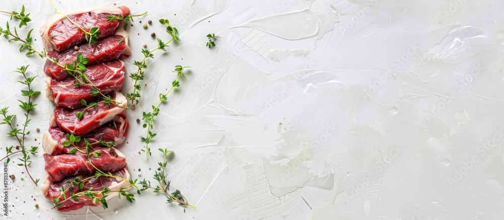 Poster raw beef with thyme ready for cooking pastel background. with copy space image. place for adding tex