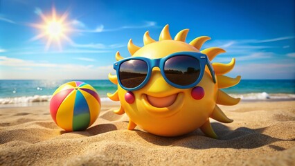 Obraz premium The Sun Is Smiling And Looks Like It Is Enjoying The Summer Weather. The Beach Ball Is Sitting Next To The Sun And Is Also Enjoying The Day.