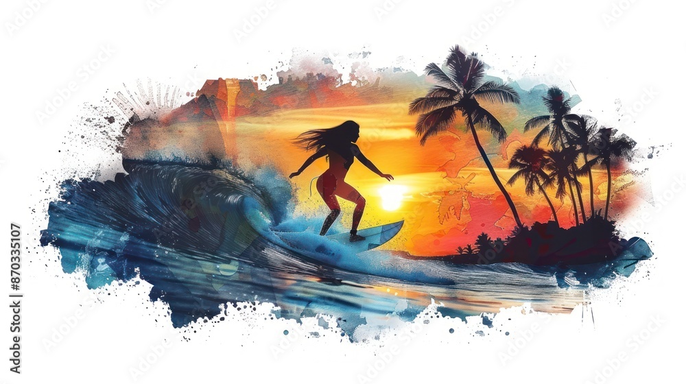 Wall mural Silhouette surfer on wave during tropical sunset