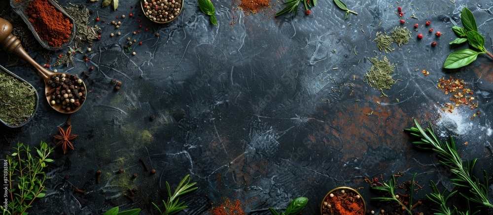 Poster A diverse array of herbs and spices arranged enticingly against a dark stone backdrop in a top-down view with ample copy space for customization, perfect for culinary-inspired projects.