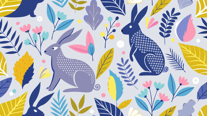 A seamless pattern with various silhouettes of rabbits, leaves, and abstract shapes in pastel colors including blue, gray, yellow, and pink