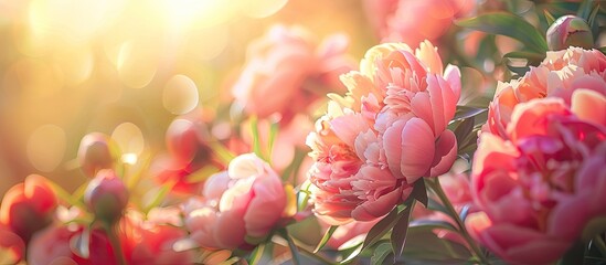 Coral peonies background in morning light, ideal for catalog or online store with floral shop concept and copy space image.