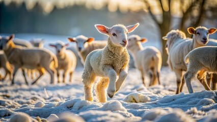 Little White Lamb Frolicking In The Snow With The Rest Of The Herd In The Background