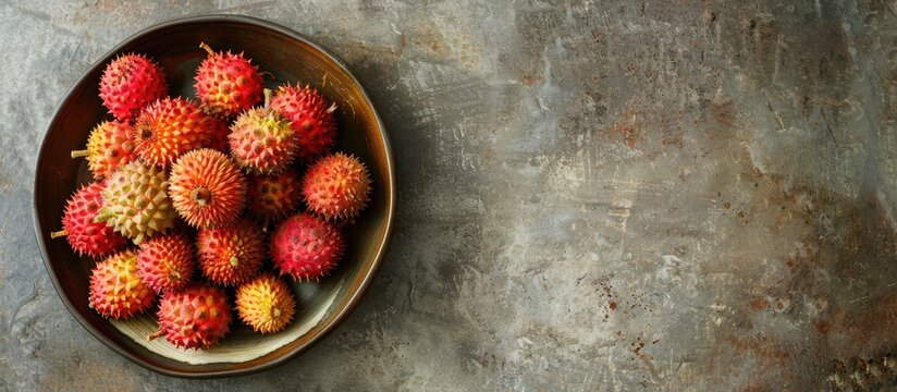 Plate with a heap of langsat fruits, a popular Indonesian fruit known as duku, with a prominent copy space image.