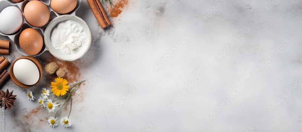 Leinwandbilder a variety of baking ingredients like flour, eggs, sugar, butter, milk, and spices arranged on a gray