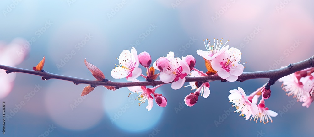 Poster Close-up of pink cherry blossom twig with selective focus and copy space image against a blue bokeh background captures the beauty of spring sakura blossoms.