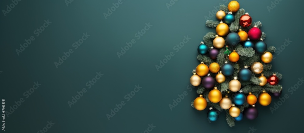 Poster Overhead view of a Christmas tree crafted from colorful handmade ball ornaments on a colorful backdrop, with empty space for text in a minimalist New Year theme. with copy space image