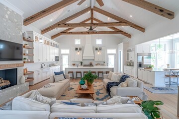 Spacious Open Concept Living Room and Kitchen with Vaulted Wood Beam Ceiling