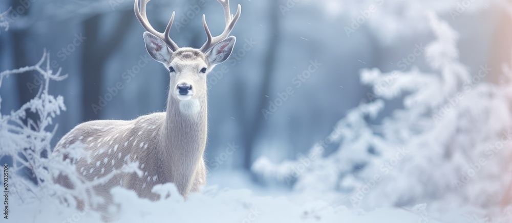 Poster close-up of a white deer in a winter day setting with copy space image.