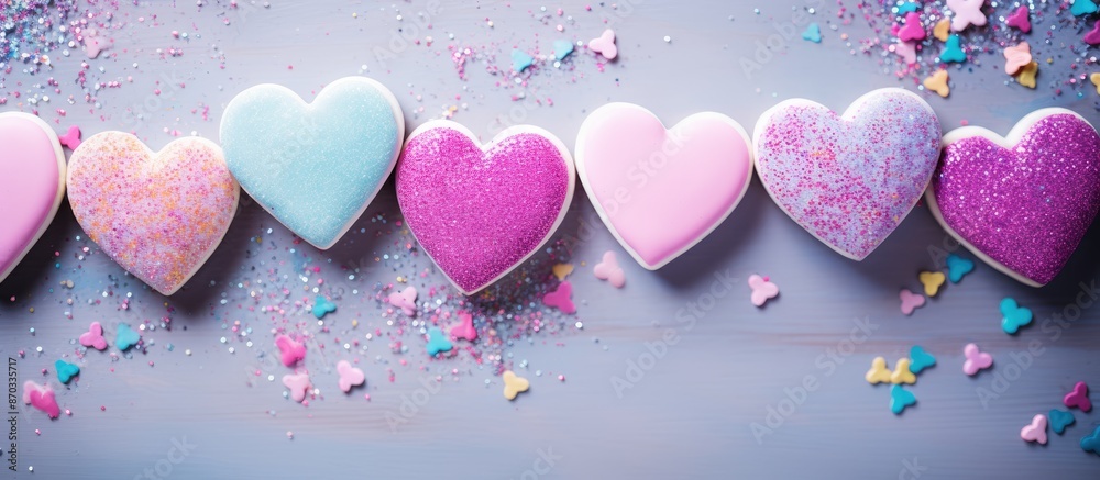 Poster Heart-shaped cookies adorned with vibrant confetti, providing ample copy space image for adding text and designs. Ideal for Valentine's Day, dates, weddings, and love-inspired backgrounds with a