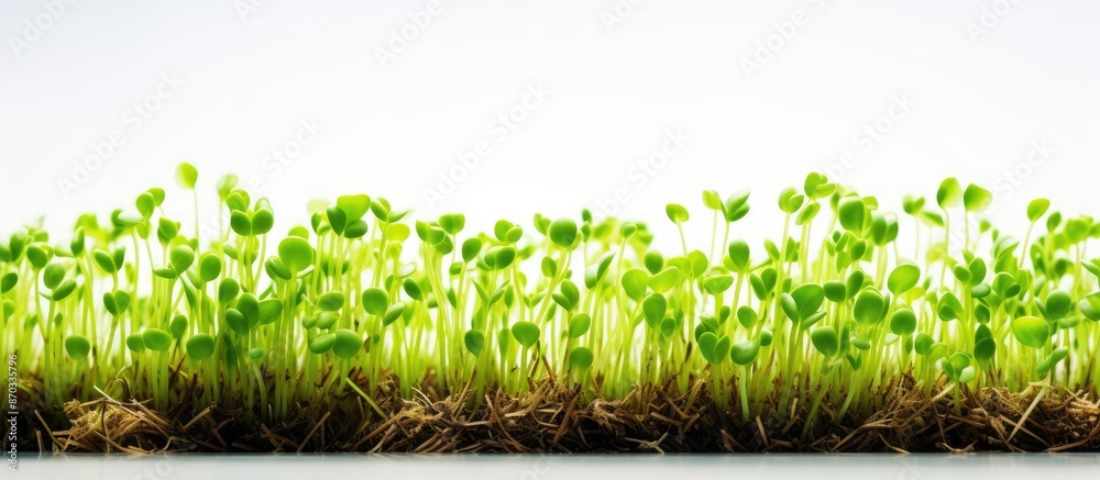 Poster close-up of micro-green sprouts on a white backdrop with ample copy space image, promoting a healthy