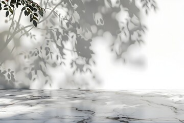 Marble Table with Tree Shadow Overlay on White Wall for Product Mockup Display
