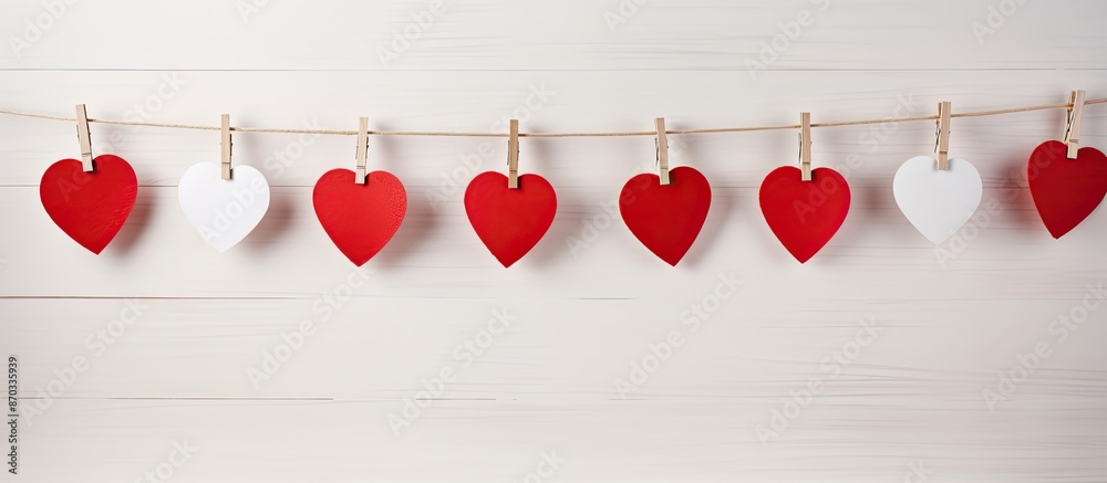 Poster a white wooden background features red heart decorations hanging from a rope with clothespins, leavi