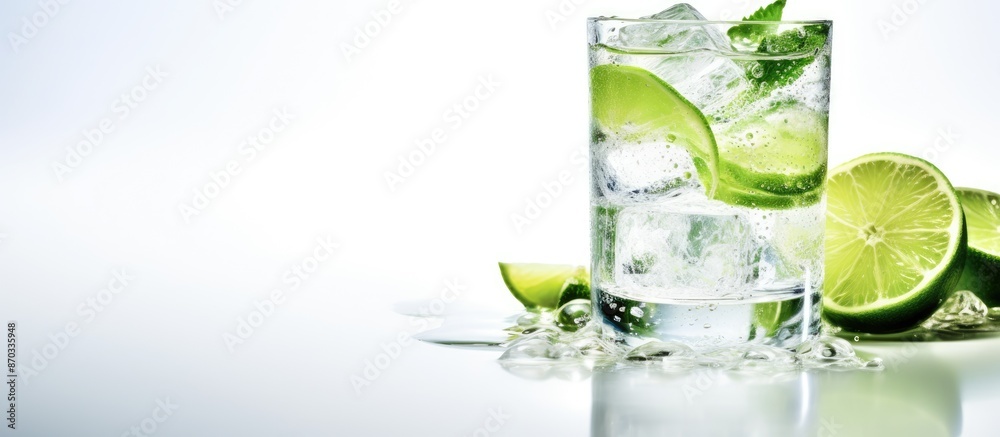 Leinwandbilder a photograph showing a gin and tonic drink with ice and lime, placed elegantly on a white surface, p