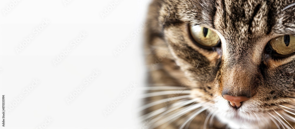 Poster a charming tabby cat, looking down peacefully in a close-up portrait with available copy space image