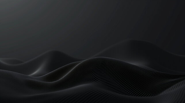 3D render of an abstract background with black waves, wavy lines, and texture for design. Black gradient on dark grey. Soft, blurred, vegetable-like hills or landscape. Vector illustration