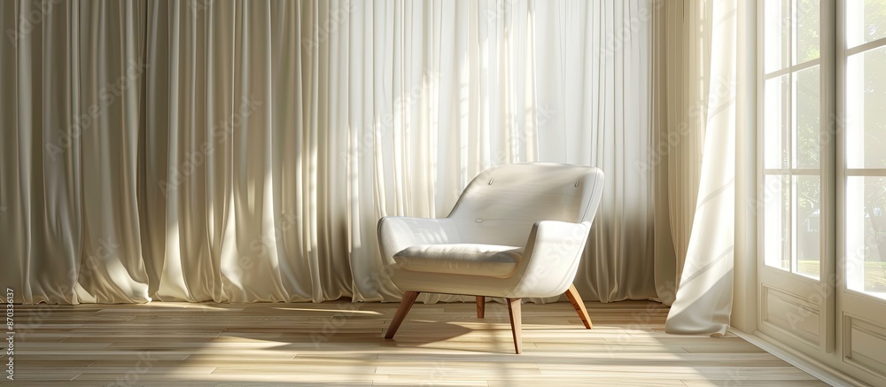 Poster Stylish room interior with comfortable chair and beautiful window curtains. with copy space image. Place for adding text or design