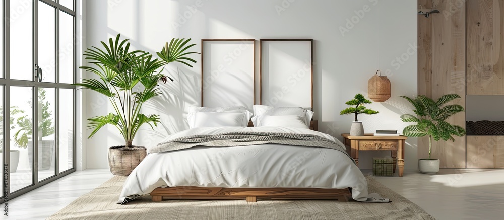 Poster mockups for wall decor in the bedroom interior. with copy space image. place for adding text or desi